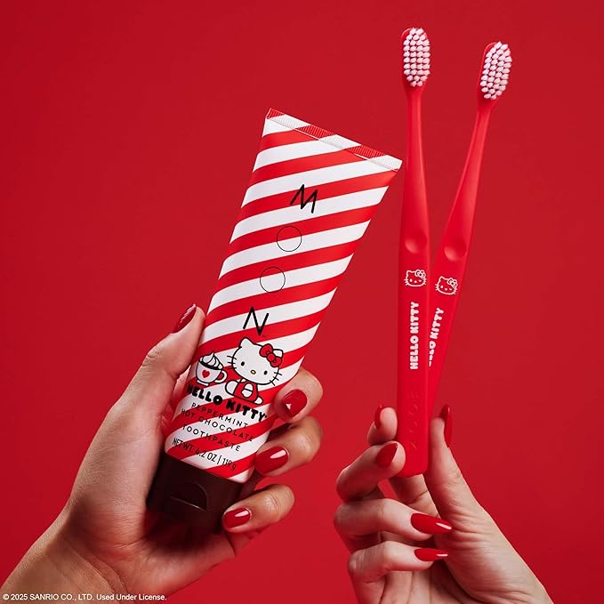 MOON x Hello Kitty Toothpaste, Peppermint Hot Chocolate Flavor, 4.2 Oz, No Fluoride or Sugar, Plus 2 Pack Extra Soft Bristle Toothbrushes, Gentle on Gums & Teeth for Adults & Children 2 Years+