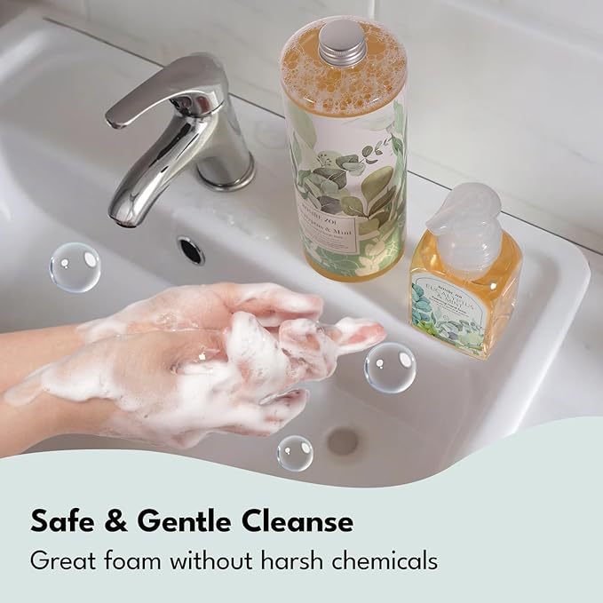 ROMIIE ZOI Eucalyptus & Mint Foaming Hand Soap Refills with Reusable Pump Dispenser - Natural & Cruelty-Free, Gentle & Moisturizing - Large Bottle Bulk for Home & Kitchen-1L/33.8oz (Pack of 3)
