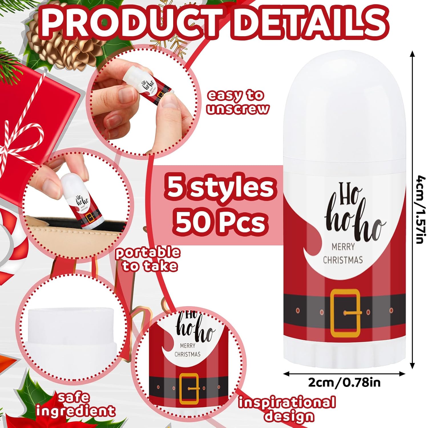 50 Pcs Christmas Mini Lip Balm Pack Thank You Gifts Moisturizer Assorted Flavors Beeswax Natural Ingredients Dry Chapped Lip Care Products for Coworkers Women Friend Men(Santa Claus)