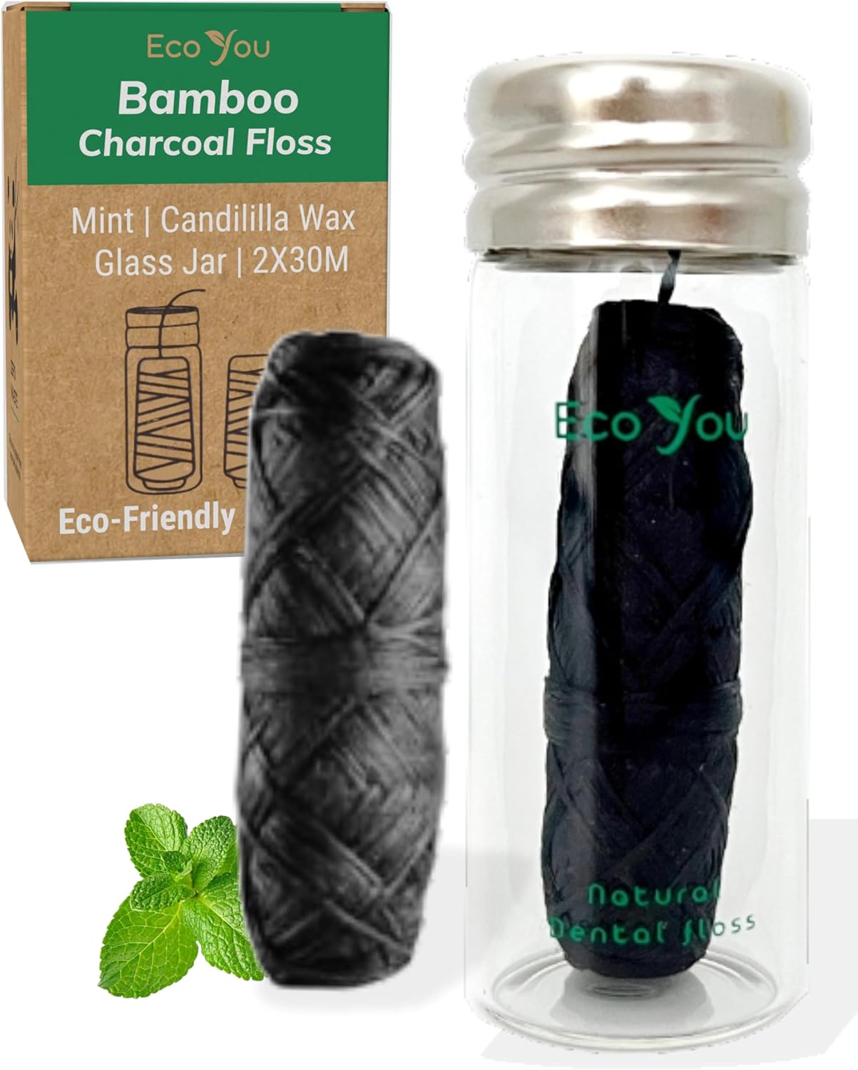 Charcoal Bamboo Floss | 2 Natural Floss Refill with Glass Container | Organic Mint & Candelilla Wax | Vegan & Biodegradable | Compatible w/Similar Dental Floss Silk Refill Containers
