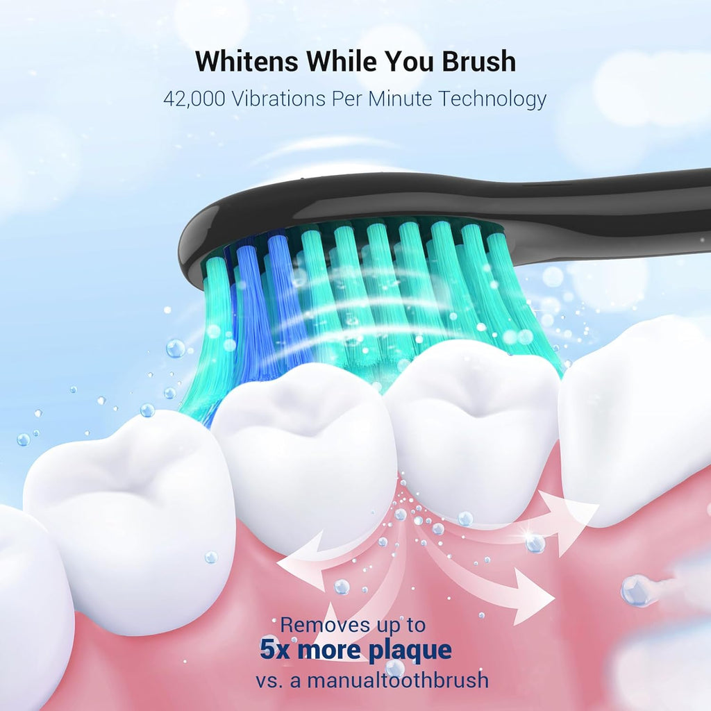 BAOVERI Sonic Electric Toothbrush for Adults - Wireless Rechargeable Toothbrush, 6 Brush Heads - 5 Brushing Modes with 3 Intensities - 42000 VPM Motor - Charge Lasts Up to 60 Days (Midnight Black)