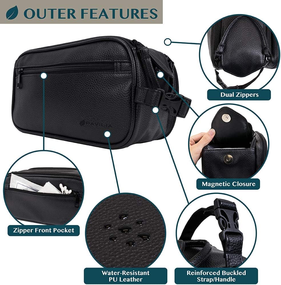 PAVILIA Toiletry Bag for Men, Travel Essentials Shaving Dopp Kit, Mens Travel Bag Toiletries Organizer Case for Grooming, PU Leather Water Resistant Cosmetic Bag Pouch (Black)