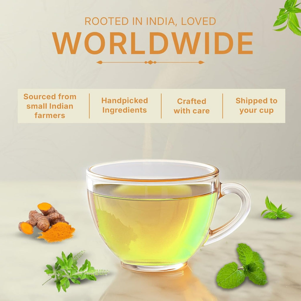 Tealeaf & Co. Turmeric Tulsi Holy Basil Green Tea - Turmeric, Tulsi & Peppermint Tea Blended with Fresh Herbs & Spices - Low Caffeine & Vegan - 100 Teabags (7.055oz/200gm)