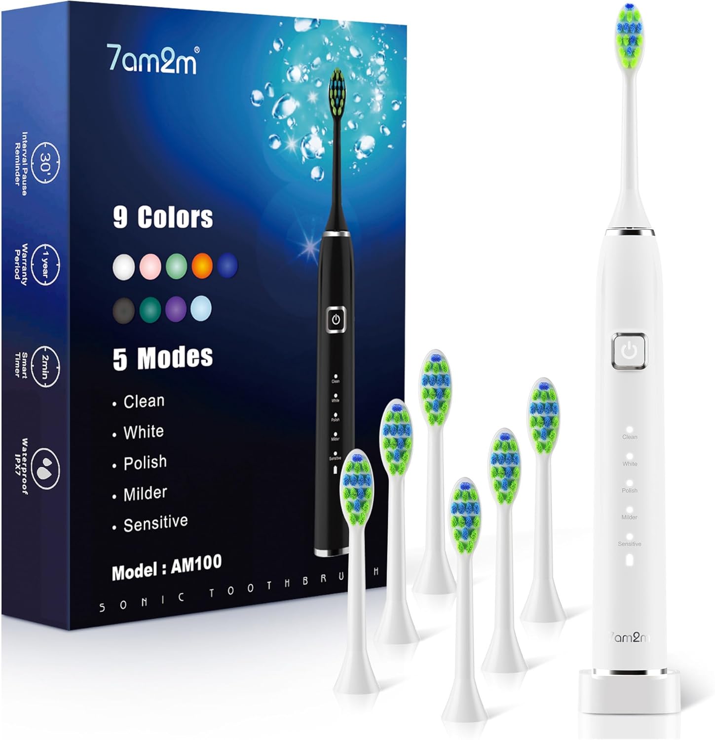7AM2M Sonic Electric Toothbrush with 6 Brush Heads for Adults&Kids, One Charge for 120 Days, Wireless Fast Charge, 5 Modes, 40000VPM Powered Toothbrush, 2 Minutes Built in Smart Timer - White