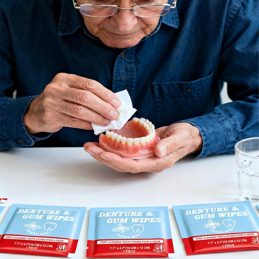 Denture Cleaner Wipes Disposable Teeth Gum Retainer Wipe Oral Care, Tooth Gums Cleaning Dental Dentures Tablets, Denture Adhesive Food Debris Braces Stain Odor Remover for Adults Elderly Mint 200 Pcs