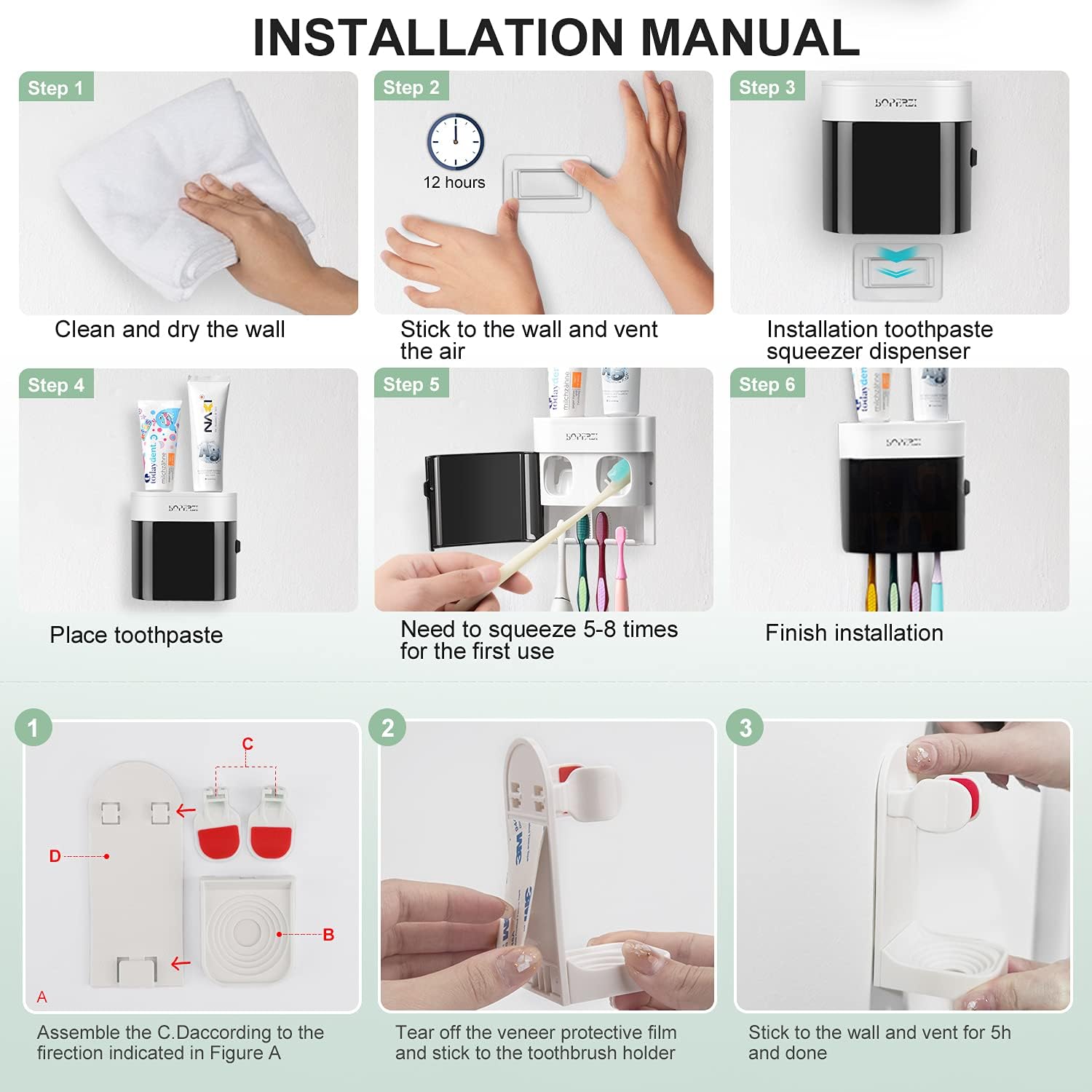 Boperzi 2 Pack Electric Toothbrush Stander and Toothbrush Holder Wall Mounted Automatic Toothpaste Dispenser Dustproof Cover Toothbrush Holder for Shower Bathroom Set Kids Family(Black+2 Pack)