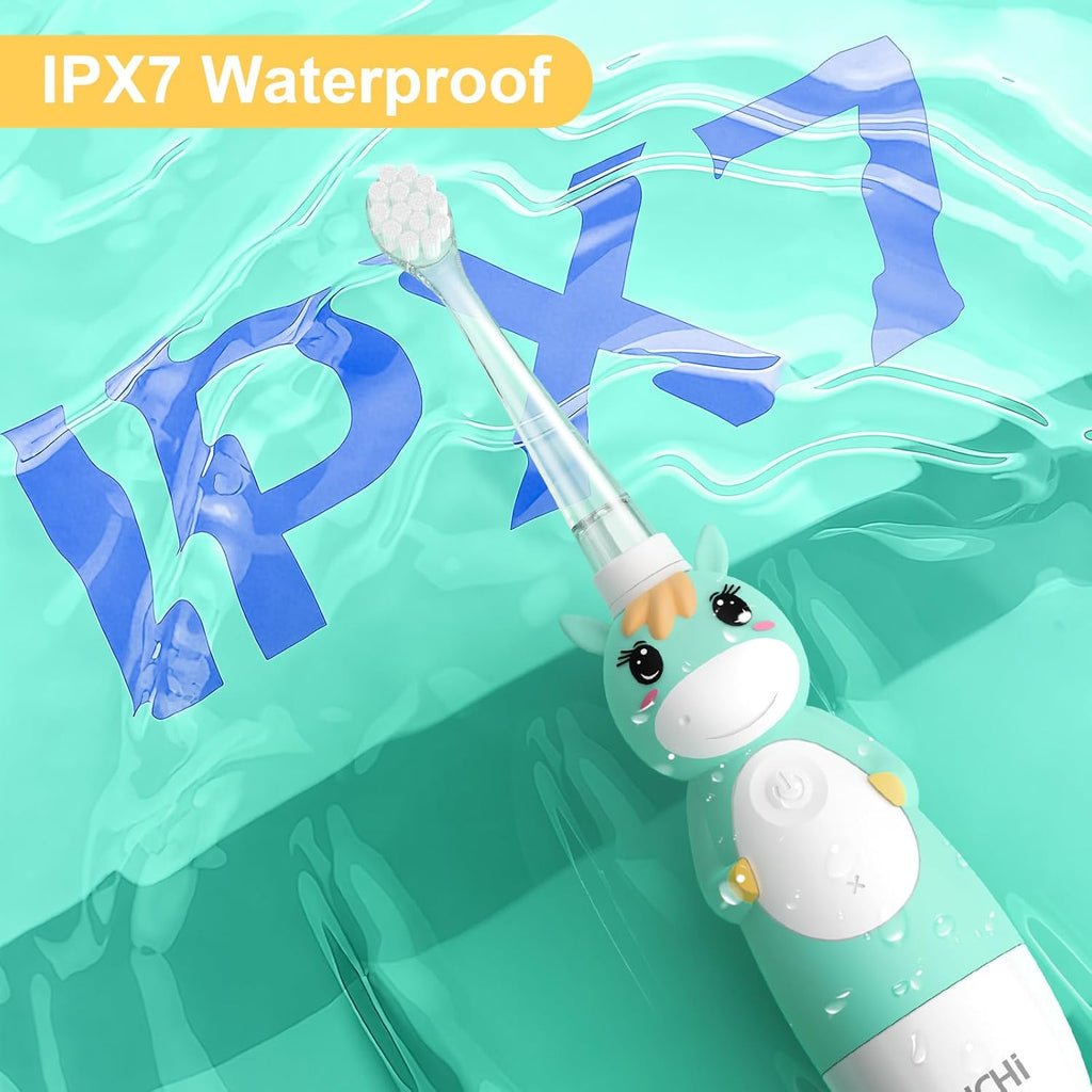 YUNCHI Toddler Electric Toothbrush Kids 0-3-6 Years, Baby Electric Toothbrush with Colorful LED Light, Battery Powered Toddler Toothbrush with 2 Minutes Timer 4 Brush Heads, Infant Toothbrush (Green)