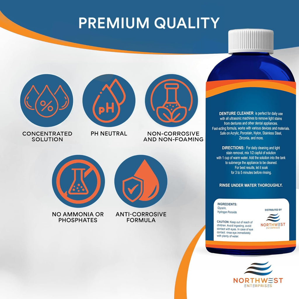 Ultrasonic Denture Cleaner - Denture Cleaner for All Types of Dentures - Denture Cleaning Solution Removes Stains, Plaque, Grime, and Build-up (8 Ounces)