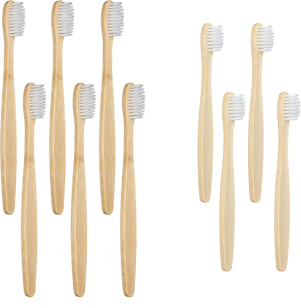 SEVENHEAD Bamboo Toothbrushes for Adults & Kids - Family Set 6+4 PCS, Soft Bristles, Natural Biodegradable BPA Free Eco-Friendly Wooden Toothbrush, White