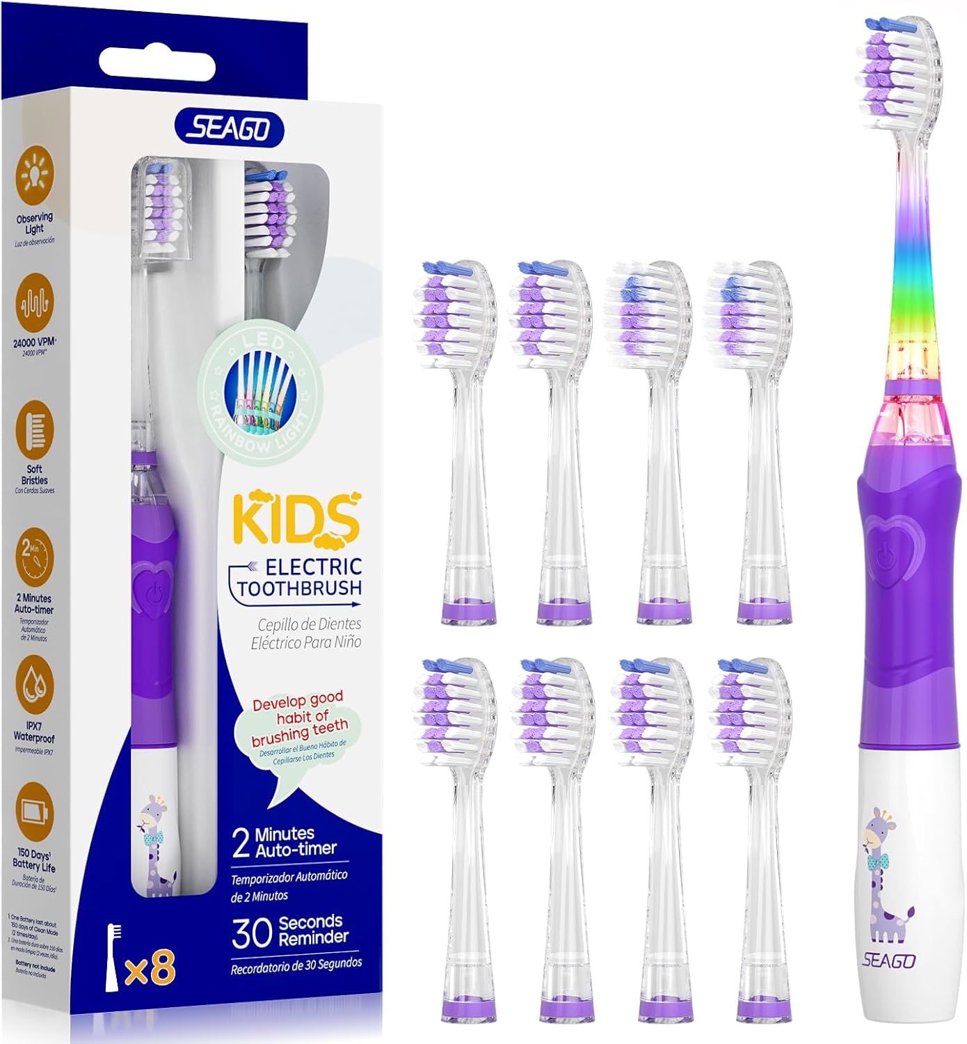 SEAGO Kids Electric Toothbrush with 2 Mins Brushing Timer and 8 Replacement Bursh Heads,Rainbow LED Light Make Brushing Fun, Blue Color Boys Battery Powerd Toothbrush for 4-12 Years Old