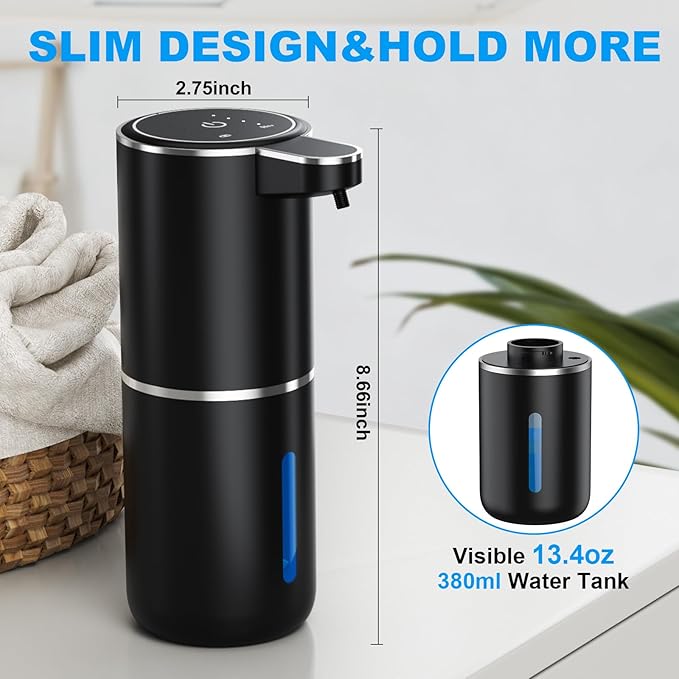 Automatic Soap Dispenser, Stainless Touchless Dispenser, 12.8 fl.oz. for Liquid Soap, 1200mAh Soap Dispensing Levels Wall Mounting for Kitchen Washbasin Bathroom Bathtub, Matte Black