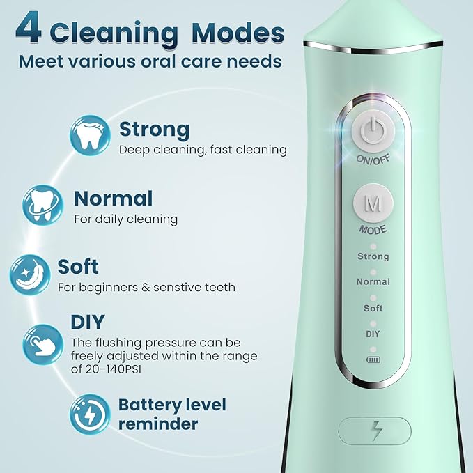 Water Flosser for Teeth Cleaning, 300ML Portable Cordless Oral Irrigator with DIY Strength, 4 Modes, IPX7 Waterproof & 30-Day Battery, 2-Min Smart Timer for Home/Travel Dental Care, Green