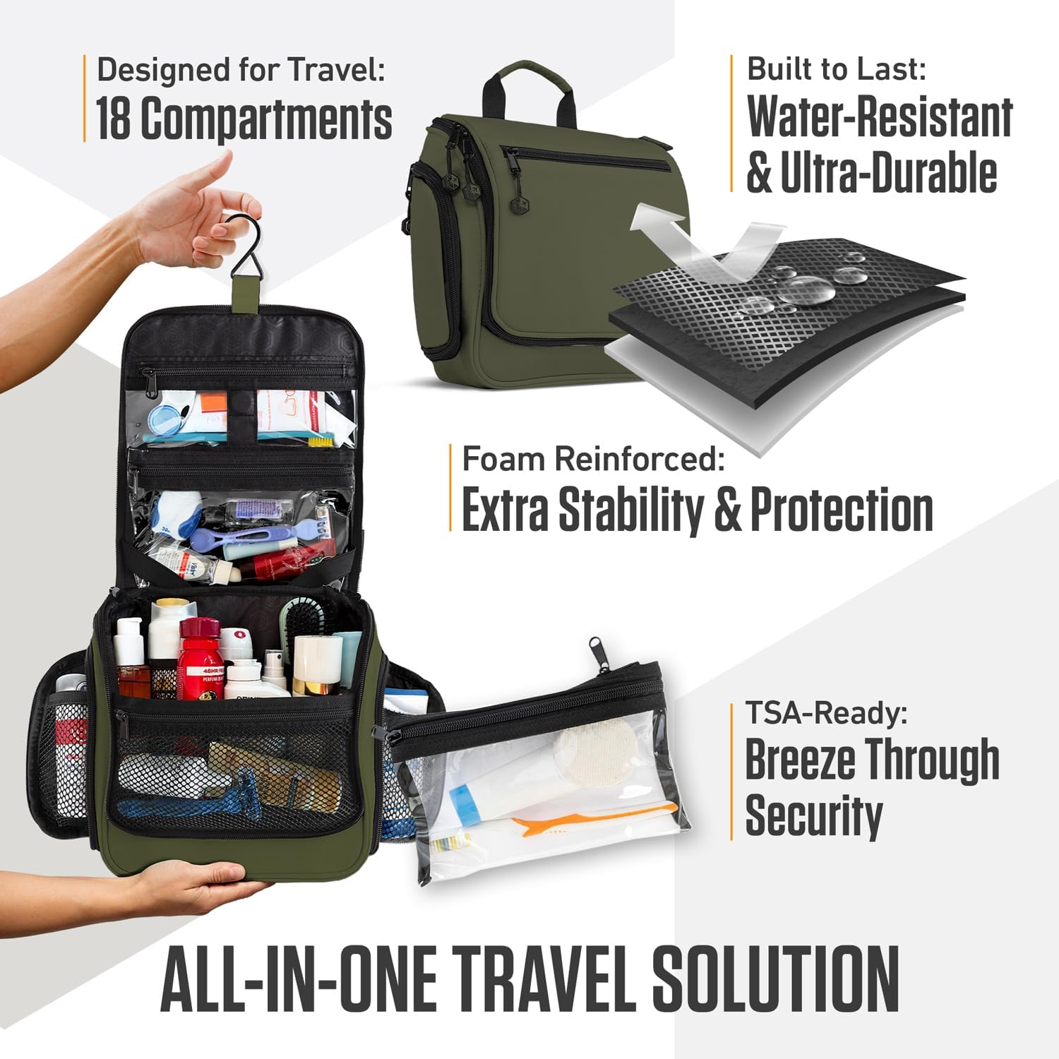 VENTURE 4TH Hanging Travel Toiletry Bag for Women & Men - Travel Organizer with Expandable Compartments & Removable Clear Pouch for Toiletries (Dark Green)