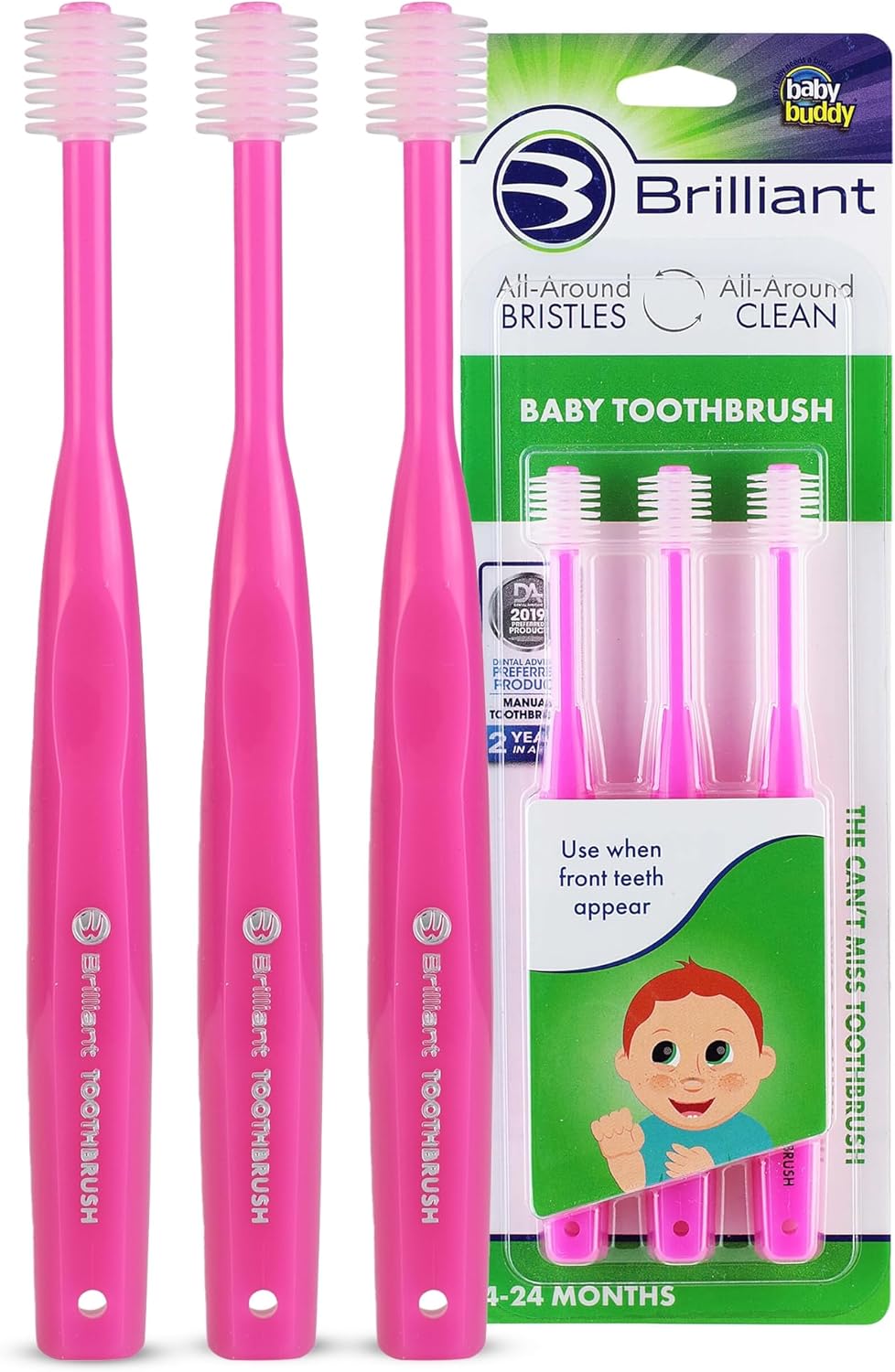 Brilliant Oral Care Baby Toothbrush with Soft Bristles and Round Head, for a Toddler Approved, Easy to Use All-Around Clean Mouth, Ages 0-2 Years, Pink, 3 Pack
