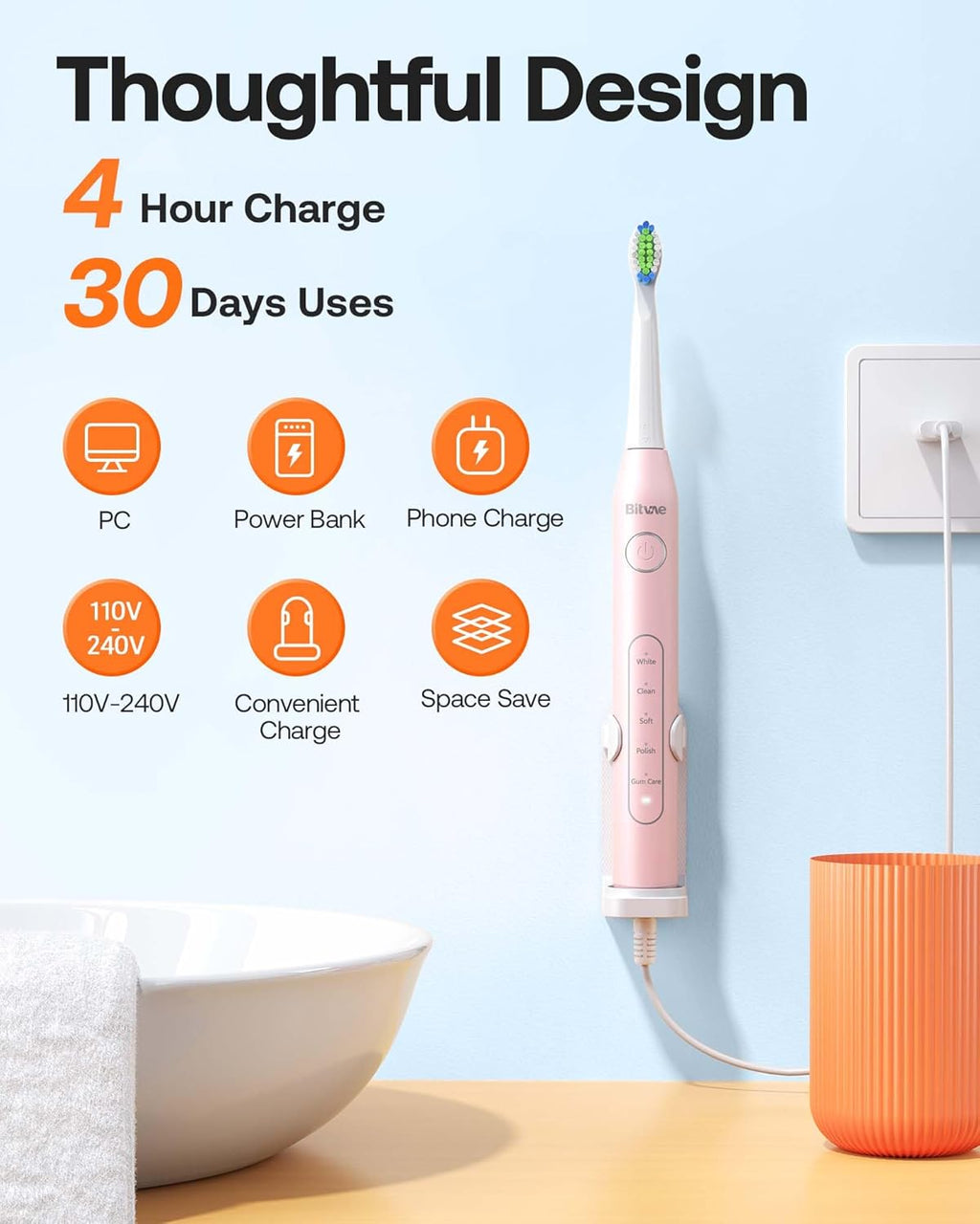 Bitvae Electric Toothbrushes 2 Pack With Holders, Ultrasonic Electronic 8 Brush Heads 5 Modes, Rechargeable Power for 30 Days Using, Black & Pink