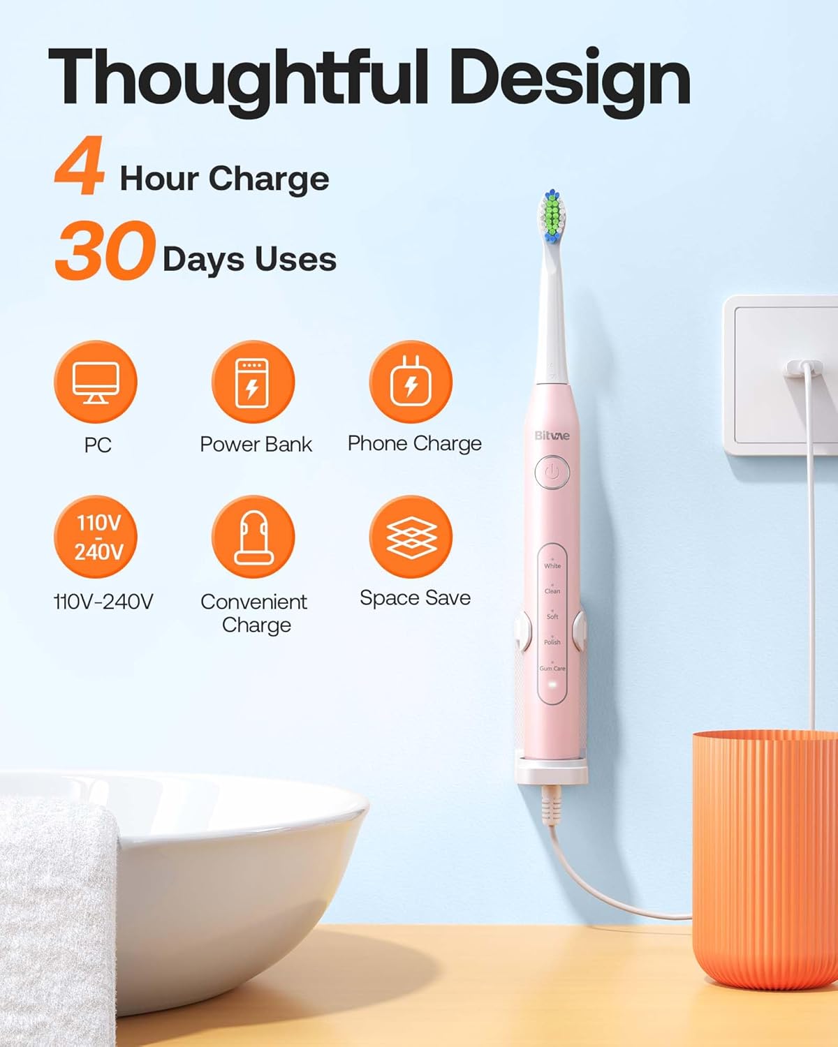 Bitvae Electric Toothbrushes 2 Pack With Holders, Ultrasonic Electronic 8 Brush Heads 5 Modes, Rechargeable Power for 30 Days Using, Black & Pink