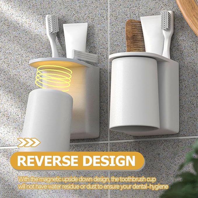 ABOOFAN Magnetic Wall Mounted Toothbrush Holder Cup with Adhesive Back Space-Saving Bathroom Organizer for Electric Toothbrush and Toothpaste Storage Dust-Resistant Abs Cup with Ventilated