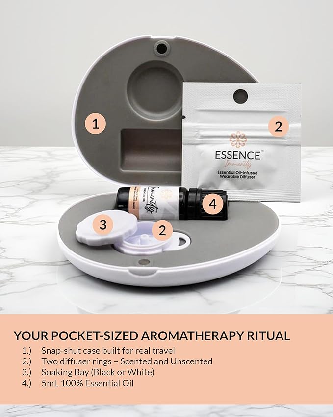 Essence Pearl Travel Case - Wearable Aromatherapy Kit with Nasal Diffuser Rings, Soaking Bay, and 5mL Essential Oil – Portable Wellness Gift Set for On?The?Go Self Care
