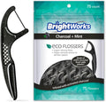 Brightworks ECO Sustainable Floss Picks - 225 Count - PFAS Free - Made in USA Charcoal + Mint Infused 100% Post-Consumer Recycled Plastic with Micro-Crystals for Oral Care Hygiene Gum Health
