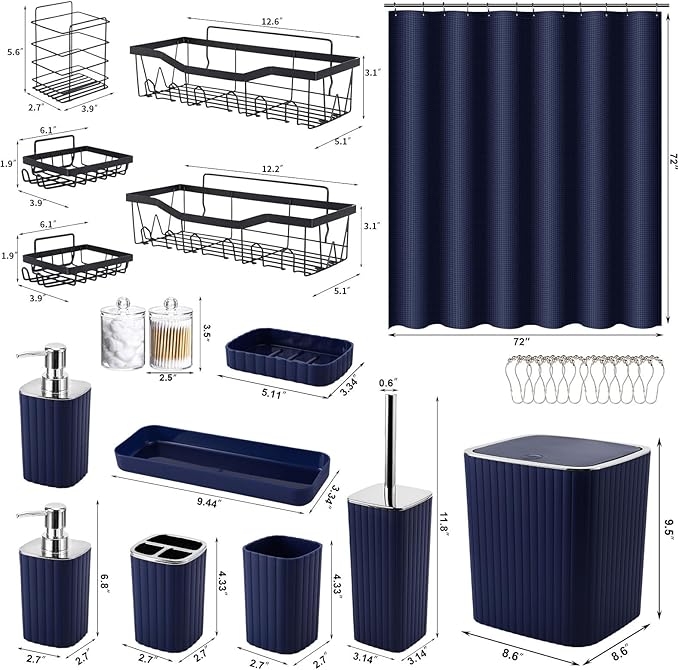 28PC Bathroom Set - Gorgeous Blue Bathroom Set, Bathroom Accessory Set, Blue Shower Curtain Set with 5PC Shower Organizer