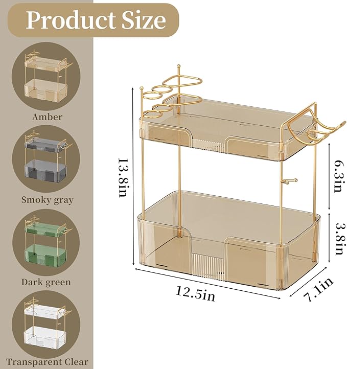 2 Tier Gold Bathroom Counter Organizer with Hair Dryer Holder, Skincare & Makeup Organizer, Cosmetics Shelf for Vanity Tray