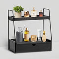2-Tier Bathroom Organizer Countertop with Drawer, Wood Counter Organizer for Bathroom Decor, Sink Shelf for Vanity Storage, Makeup Tray for Perfume Skincare Bedroom Kitchen Corner