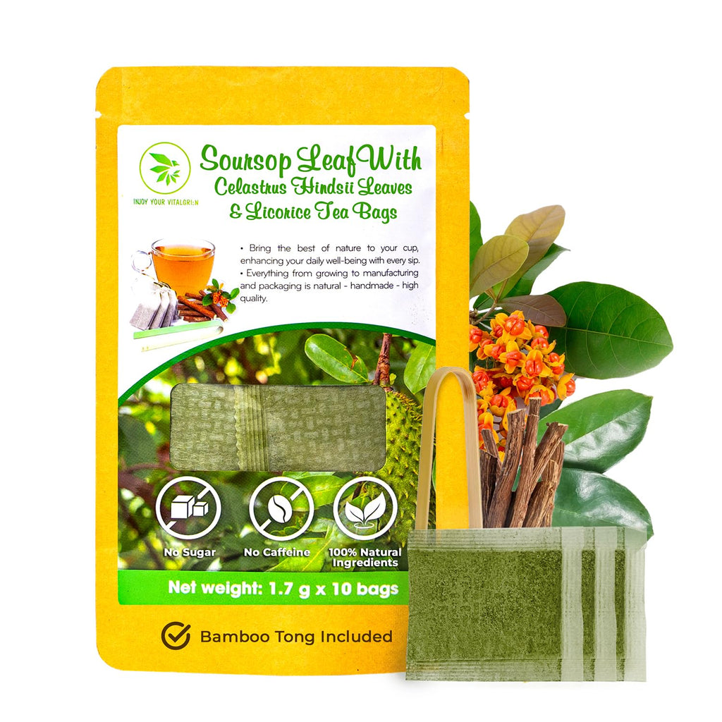 Graviola Soursop Leaf Tea Samplers with Celastrus Hindsii & Licorice - 10 Count + Bamboo Tong, Corn Based Tea Bags, Natural Herbal Tea for Comfort Relax, Re-Steep Hoja De Guanabana