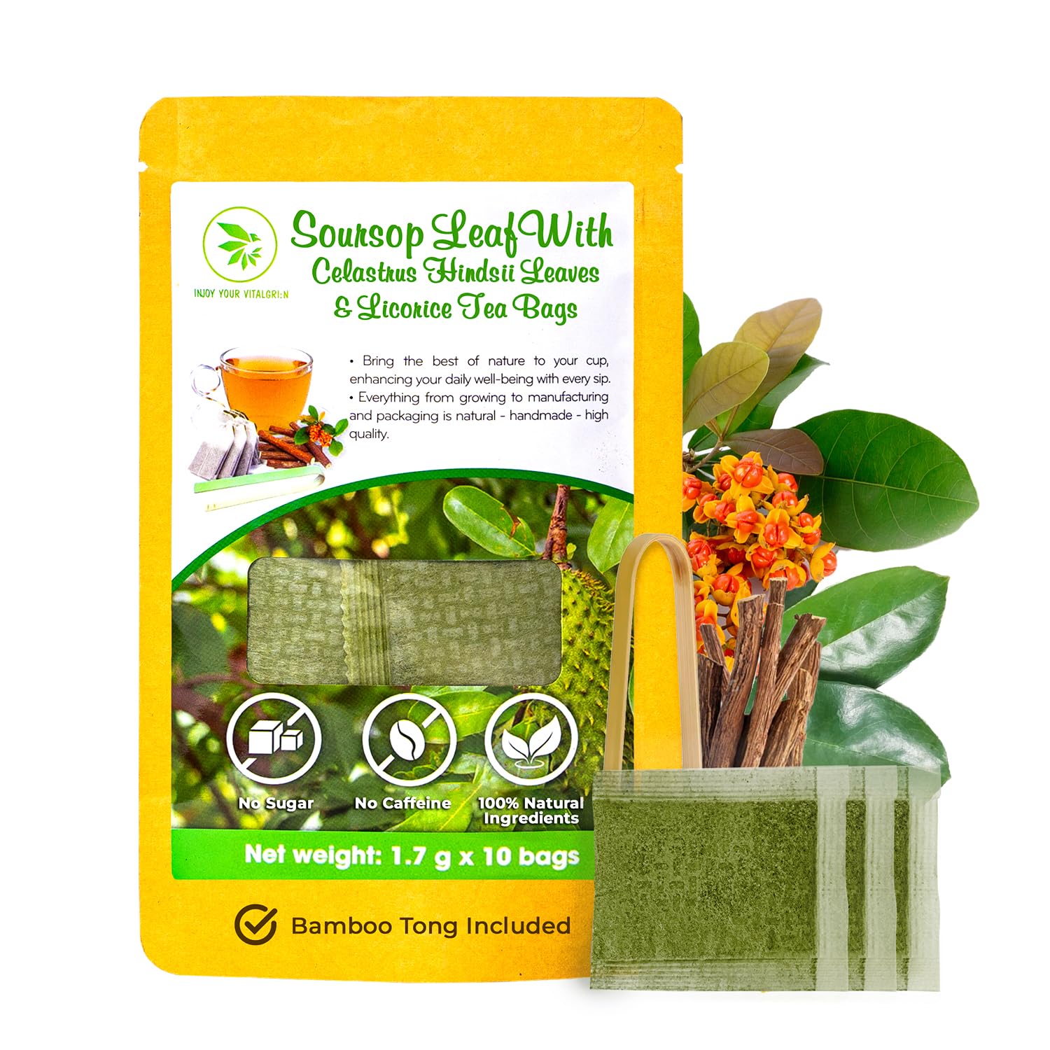 Graviola Soursop Leaf Tea Samplers with Celastrus Hindsii & Licorice - 10 Count + Bamboo Tong, Corn Based Tea Bags, Natural Herbal Tea for Comfort Relax, Re-Steep Hoja De Guanabana