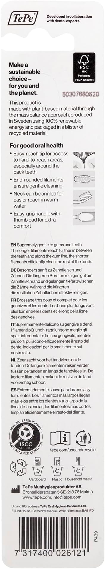 TePe Supreme Toothbrush, Soft Bristle Toothbrush, Tapered Brush Head for Sensitive Teeth and Gum Care, Adult, 1 Pack