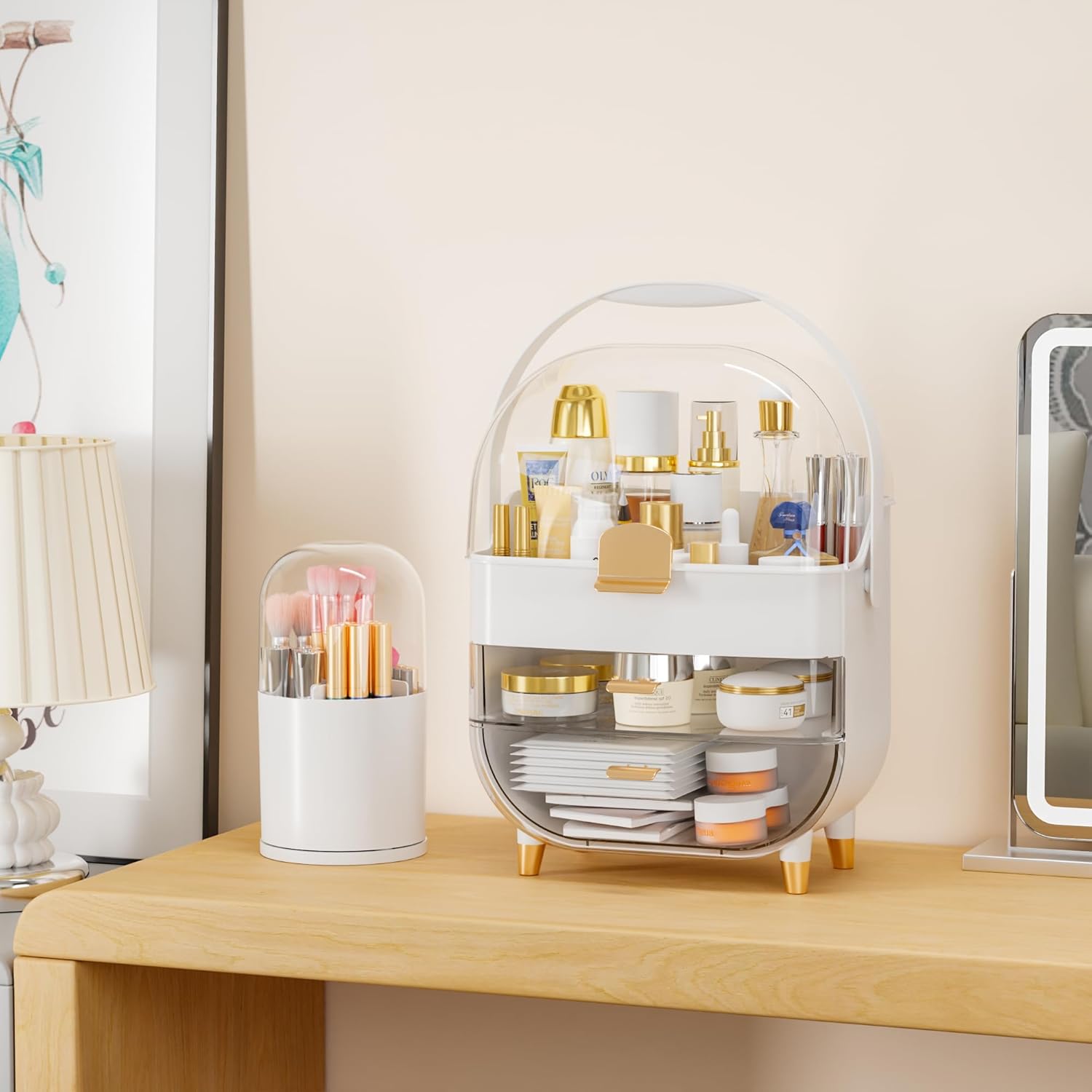 Yieach Countertop Makeup Organizer for Vanity,Large Capacity Skincare Organizers With Drawers and Makeup Brush Holder,Cosmetic Display Cases with Clear Cover for Bathroom,Dresser,Beauty Product,White