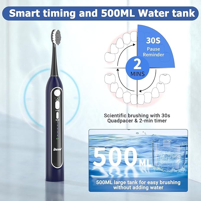 Electric Toothbrush with Water Flossers for Adults, Upgrade Flossing Toothbrush Combo, 5 Floss Speeds&3 Brush Modes, 500mL Tank, 30-Day Battery, for Adults & Teens, Gums, Braces, Dental Care,Blue