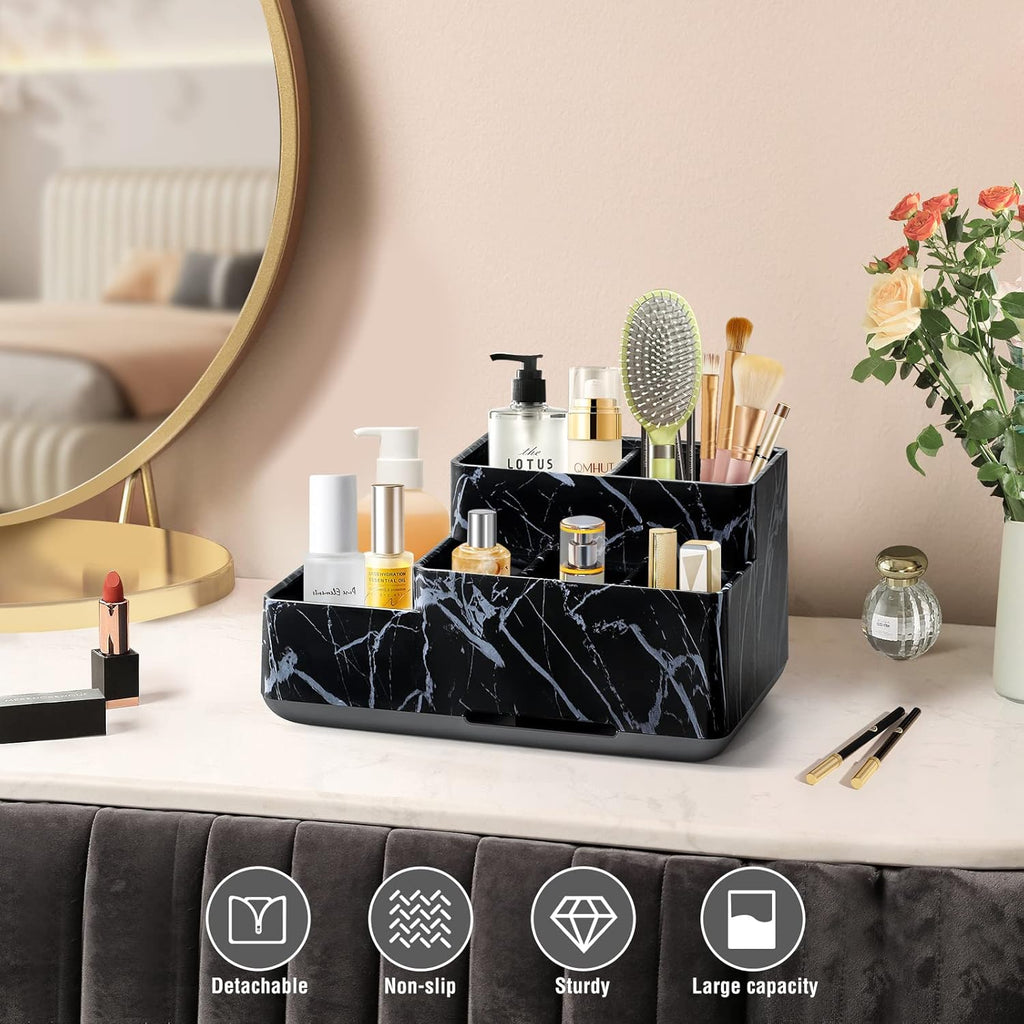 Electric Toothbrush Holder for Bathroom, Plastic Bathroom Countertop Organizer Compartment, Vanity Organizer Tray,Countertop Organizer Box, Kids Desk Organizers and Storage,Black Marble Pattern