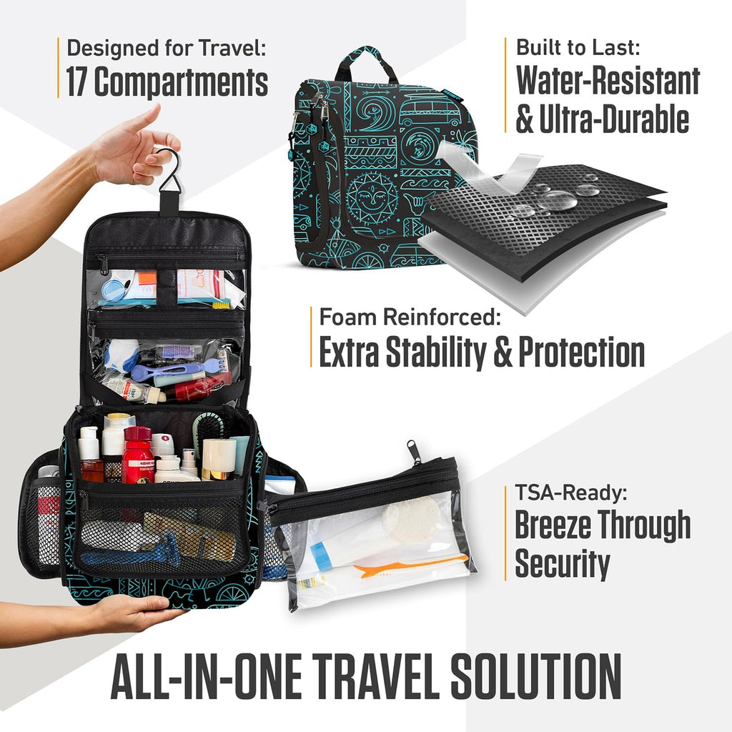 VENTURE 4TH Hanging Travel Toiletry Bag for Women & Men - Travel Organizer with Expandable Compartments & Removable Clear Pouch for Toiletries (Surfing Vibes)
