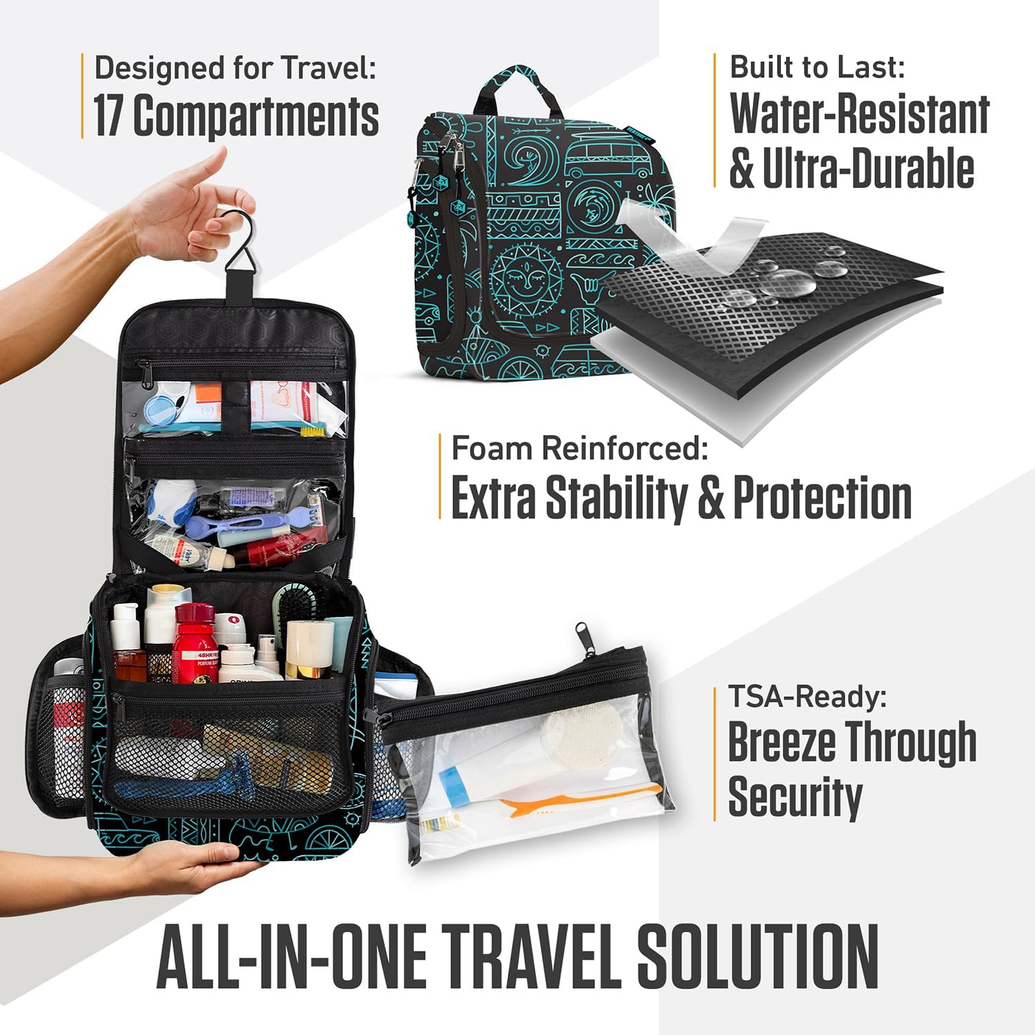 VENTURE 4TH Hanging Travel Toiletry Bag for Women & Men - Travel Organizer with Expandable Compartments & Removable Clear Pouch for Toiletries (Surfing Vibes)