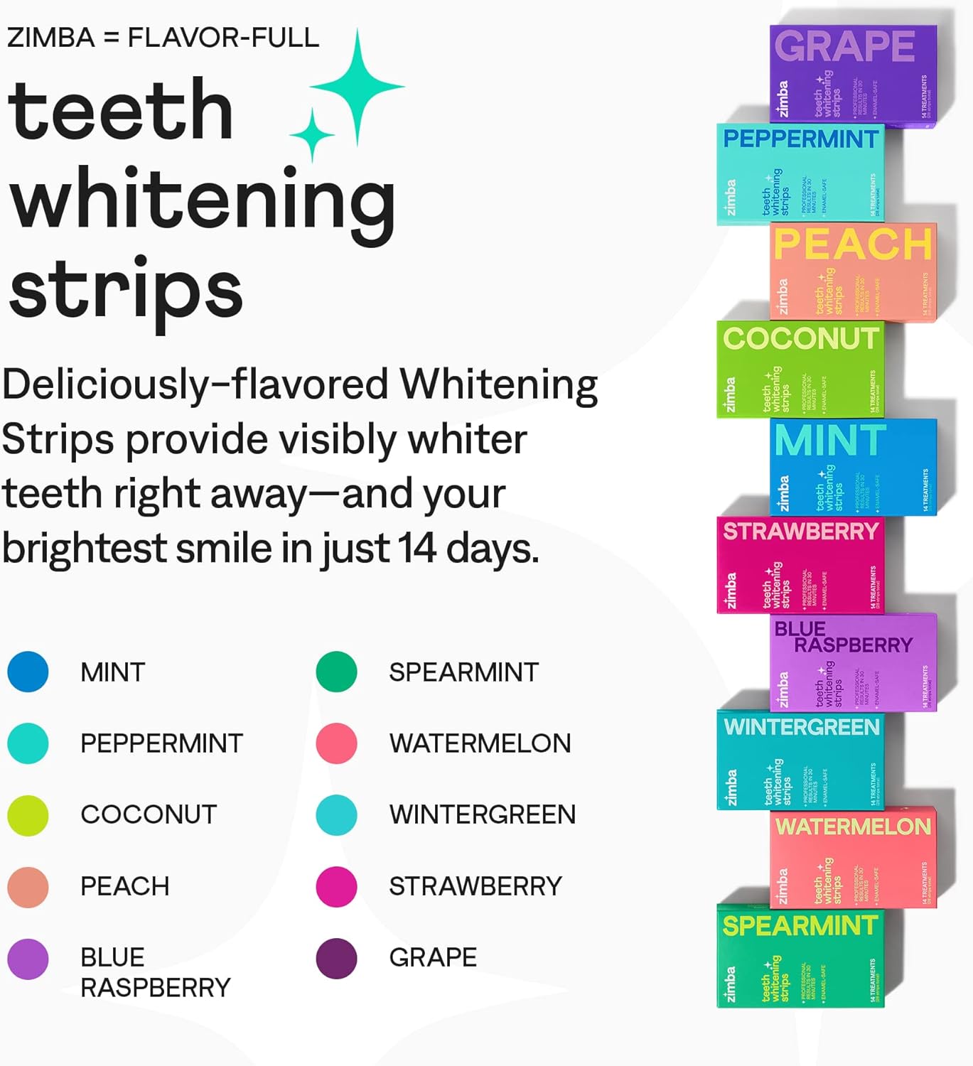 Zimba Coconut Flavored Teeth Whitening Strips | Vegan, Enamel Safe Hydrogen Peroxide Teeth Whitener for Coffee, Wine, Tobacco, and Other Stains | 14 Day Treatment | Coconut