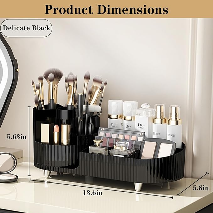 Rotating Makeup Organizer for Vanity with Brush Holder, Cosmetic Makeup Storage Organizer, Large Spinning Makeup Skincare Organizer, Countertop Makeup Perfume Organizer, Lotions Display Case (Black)