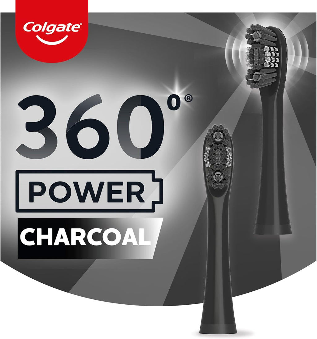 Colgate 360 Power Charcoal Toothbrush Heads | Soft Bristles | Rubber Polisher | For 360 Battery Toothbrush | Pack of 12