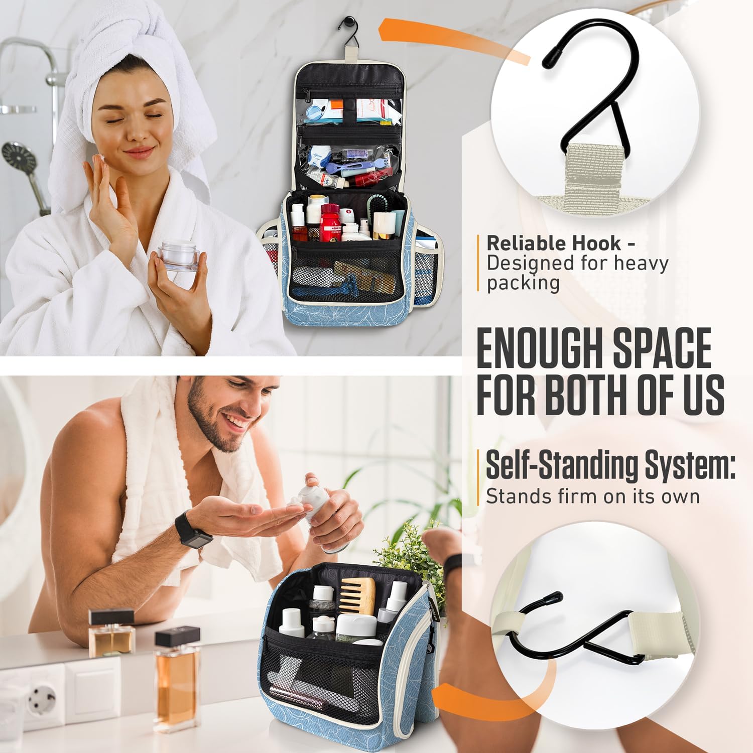 VENTURE 4TH Hanging Travel Toiletry Bag for Women & Men - Travel Organizer with Expandable Compartments & Removable Clear Pouch for Toiletries (Blue Flowers)