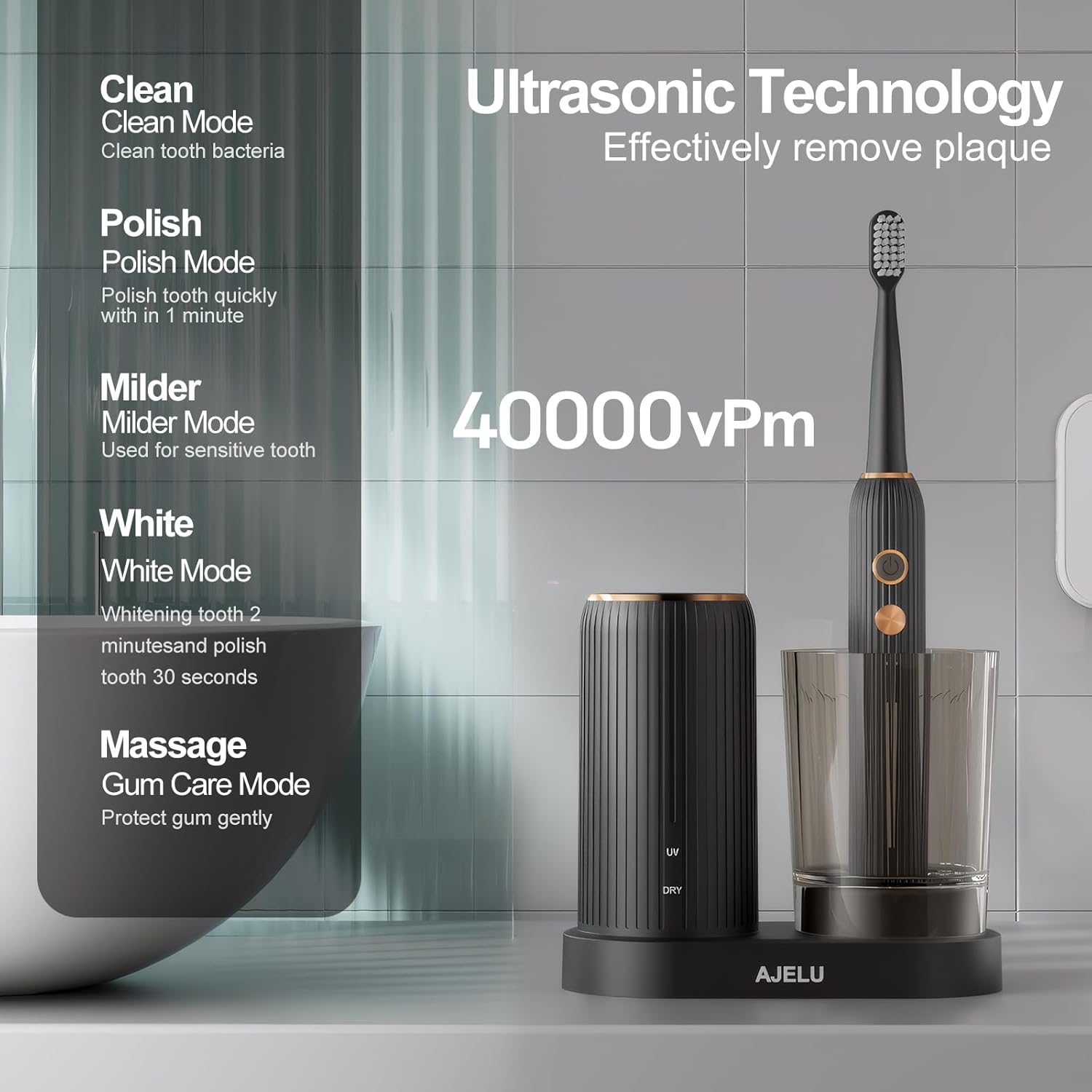 Sonic Electric Toothbrush for Adults with Drying Storage Holder, 8 Brush Heads, Smart Timer, USB Rechargeable, Deep Clean Power – Classic Black Edition