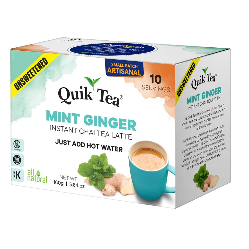 QuikTea Mint Ginger Unsweetened Chai Tea Latte – 10 Count, Bold Mint Ginger Flavor, Naturally Caffeine-Light, no preservatives, No Sugar Added – Just Add Hot Water