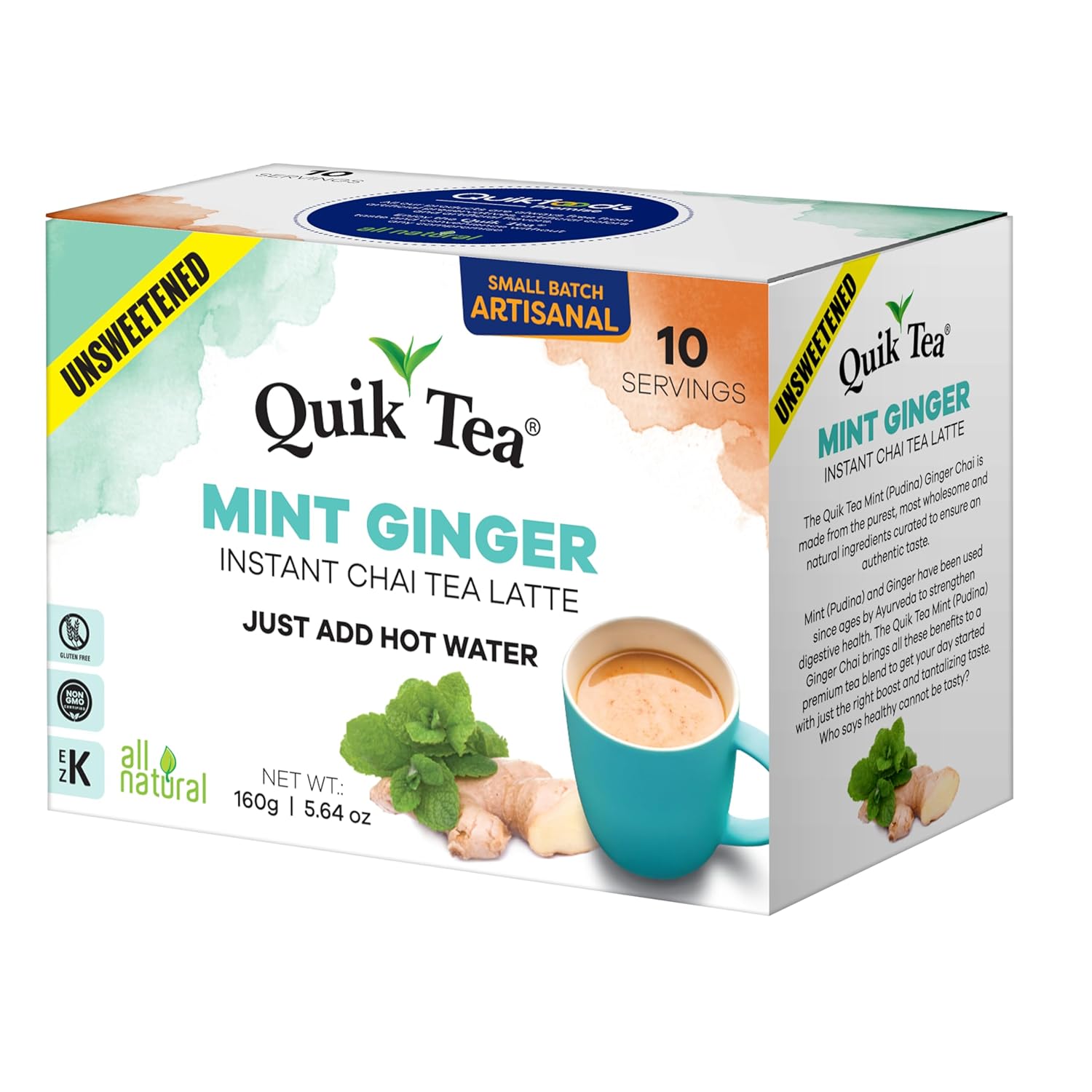 QuikTea Mint Ginger Unsweetened Chai Tea Latte – 10 Count, Bold Mint Ginger Flavor, Naturally Caffeine-Light, no preservatives, No Sugar Added – Just Add Hot Water
