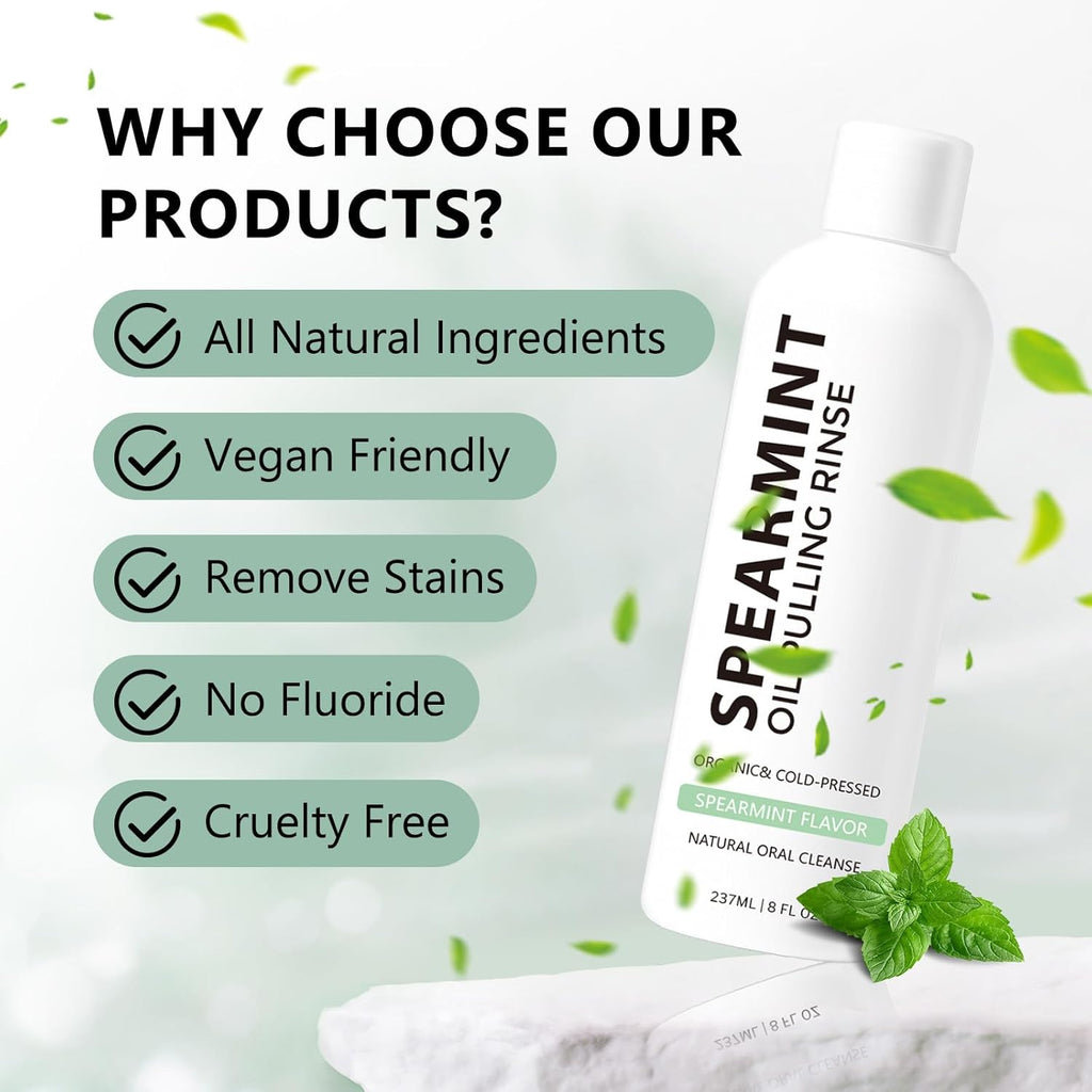 White Spearmint Oil Pulling Rinse, Cold-Pressed Coconut Mouthwash for Teeth Whitening, Peppermint Pulling Oil for Teeth and Gums, Pure Mint Mouthwash (4 Oz)