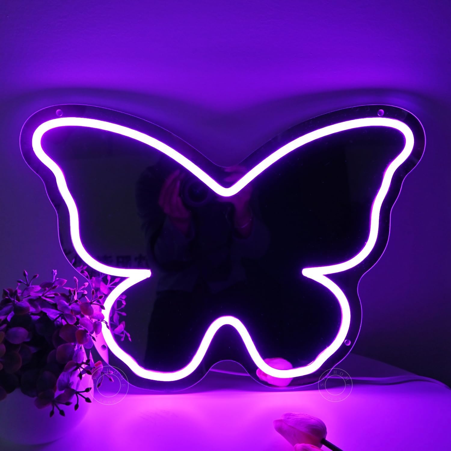 SYLHOME Butterfly Mirror Led Neon Light Sign Home Girls Bedroom Makeup Room Beauty Salon Studio Bar Wall Sign Decor Birthday Wedding Party Decoration 15.75" X 11.42" USB