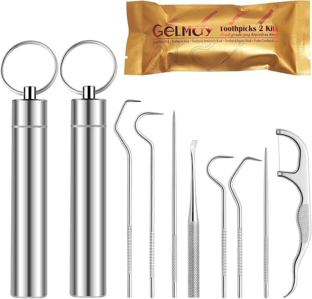 Toothpicks Pocket Set, Dental Floss Picks Kit Reusable, Stainless Steel Teeth Cleaning Tools, Tooth Picker Oral Hygiene Travel (2 Set)