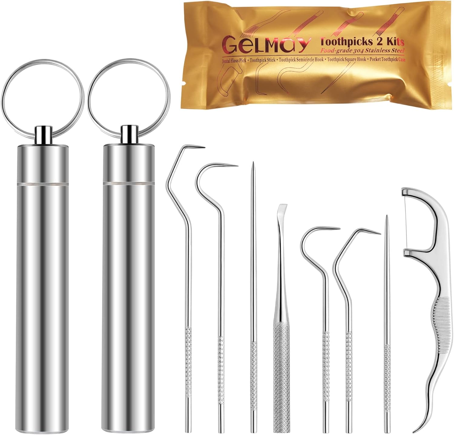 Toothpicks Pocket Set, Dental Floss Picks Kit Reusable, Stainless Steel Teeth Cleaning Tools, Tooth Picker Oral Hygiene Travel (2 Set)