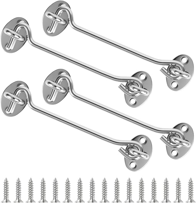 6" Silver Stainless Steel Gate Latch, Barn Door Lock with Screws, Privacy Hook for Inside Door, Fence, Window, 4 PCS