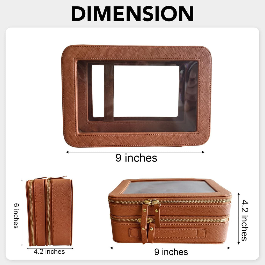 SANHECUN Clear Travel Toiletry bag Toiletry Case Carry on Travel Accessories Bag Makeup Bag Dimensions | LxWxH:9” x 6” x 4.2” (Brown, SHC-TL-2)