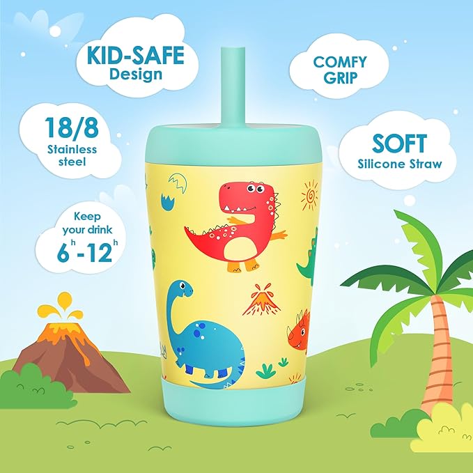 Kid Insulated Stainless Steel Tumbler with Silicone Straw, 12oz Sippy Cup for Kids (Playful Dinosaurs)