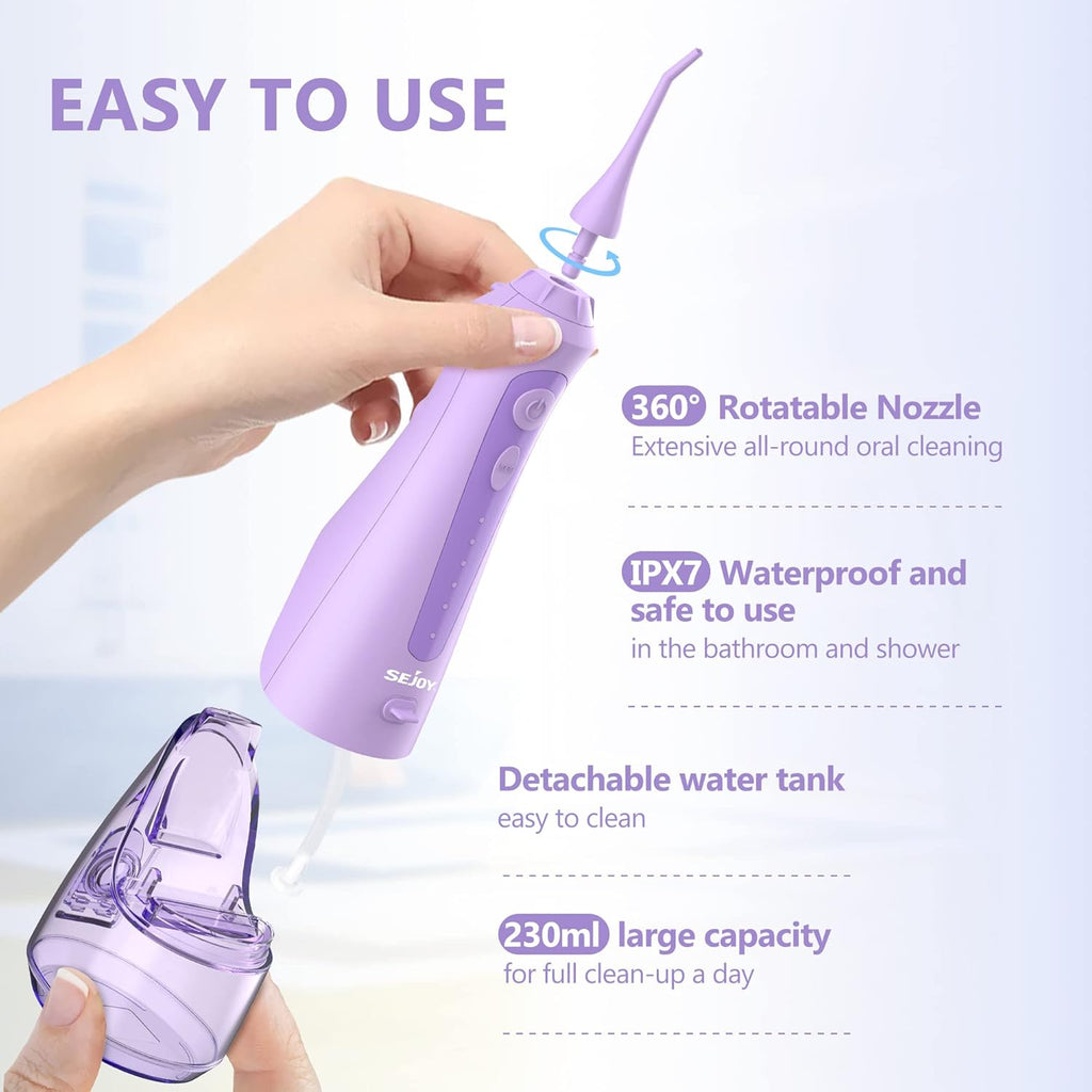 Sejoy Water Flossers for Teeth Cleaning, Water Flosser for Teeth Rechargeable Cordless, Electric Portable, 5 Cleaning Modes 8 Jet Tips, IPX7 Waterproof, 230ml, for Travel and Home
