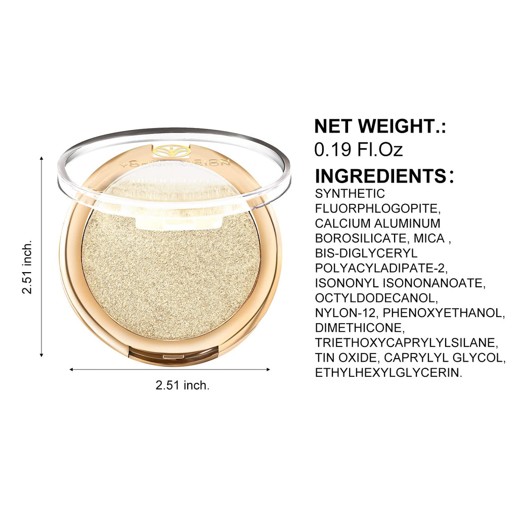 YOUNG VISION Pressed Powder Highlighter, Baked Natural Glow Contour Powder & Face Highligher, Cruelty-Free, Shimmer Highlighting Makeup for Face, Eye, Eyeshadow, Body, Skin (Gold)